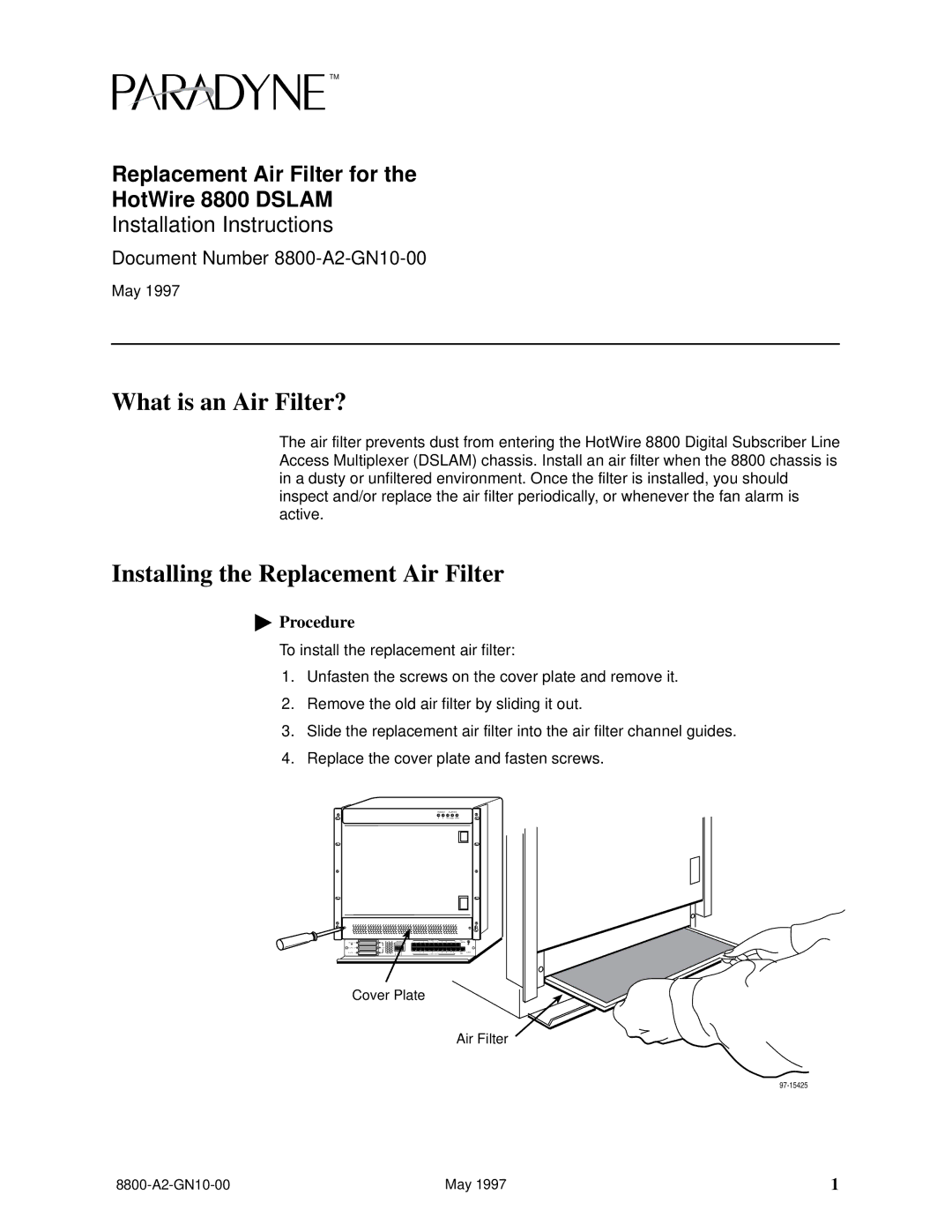 Paradyne 8800 DSLAM installation instructions What is an Air Filter?, Installing the Replacement Air Filter,  Procedure 