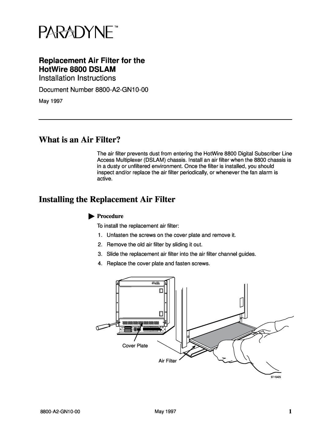 Paradyne 8800 DSLAM installation instructions What is an Air Filter?, Installing the Replacement Air Filter, Procedure 