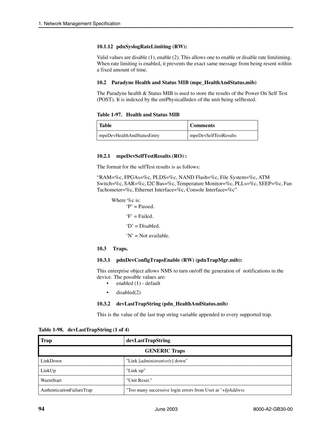 Paradyne 8820 PdnSyslogRateLimiting RW, Paradyne Health and Status MIB mpeHealthAndStatus.mib, MpeDevSelfTestResults RO 