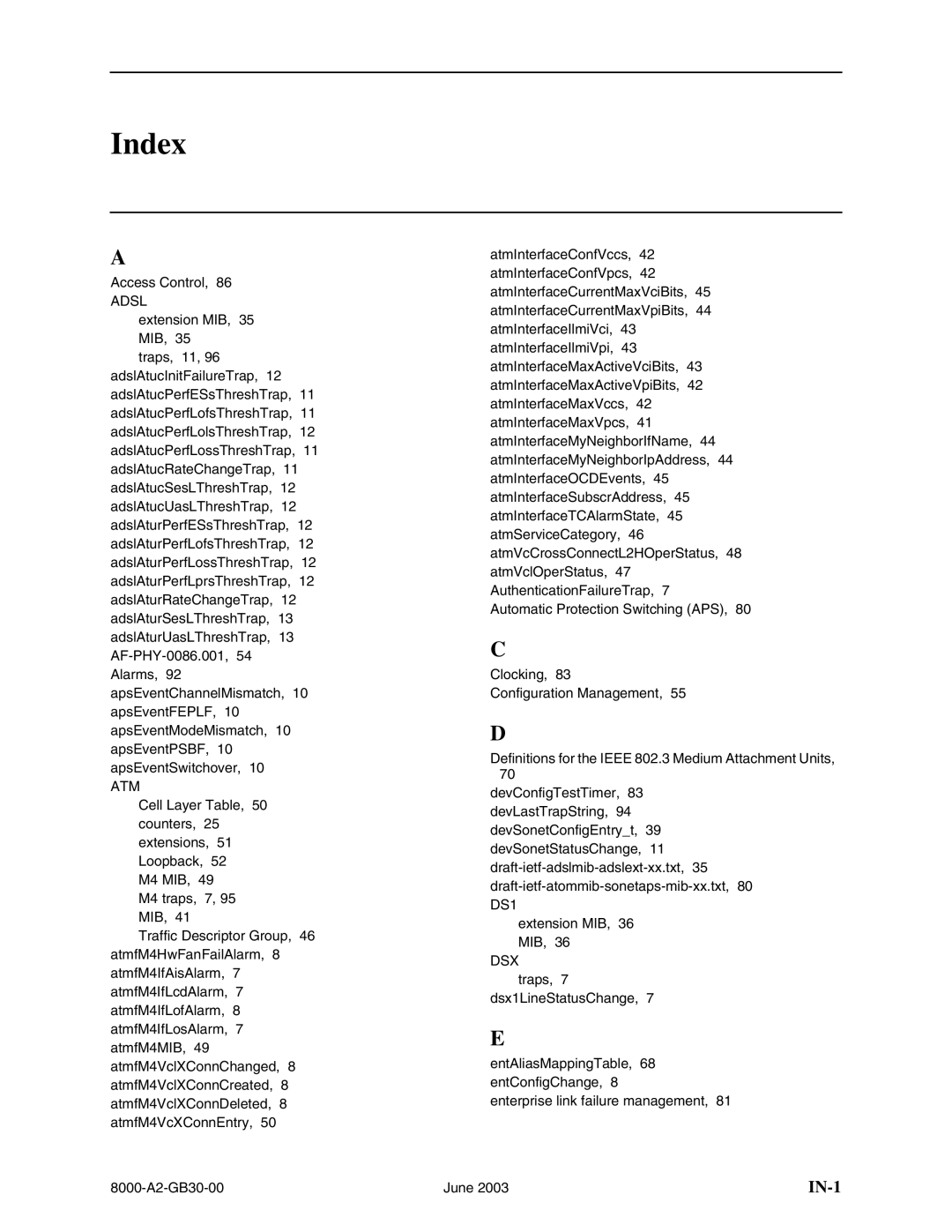 Paradyne 8620, 8820 manual Index 