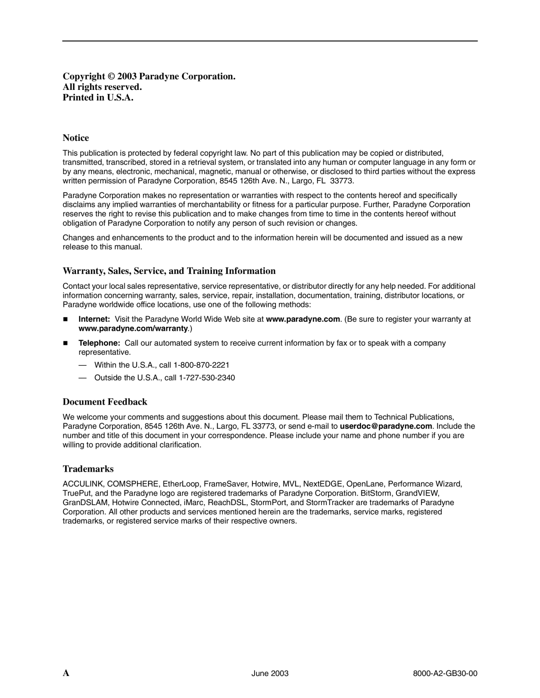 Paradyne 8820, 8620 manual Copyright 2003 Paradyne Corporation All rights reserved 