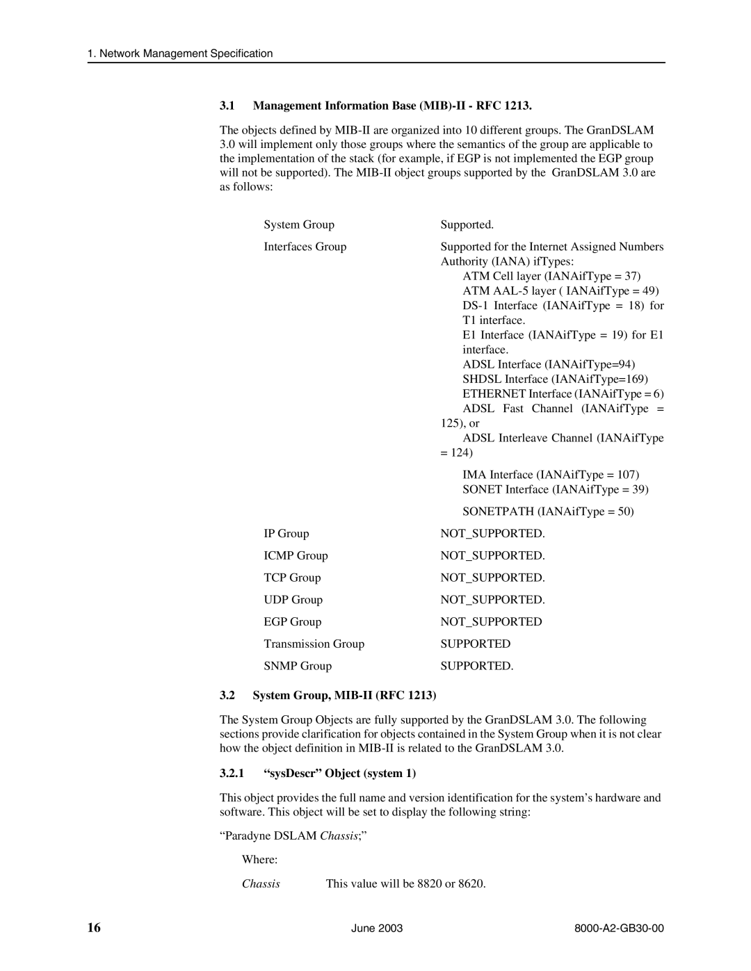 Paradyne 8820, 8620 manual Management Information Base MIB-II RFC, System Group, MIB-II RFC, SysDescr Object system 