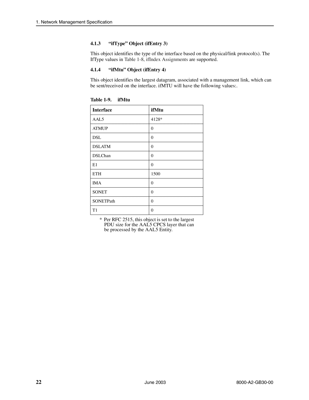 Paradyne 8820, 8620 manual IfType Object ifEntry, IfMtu Object ifEntry, Interface IfMtu 