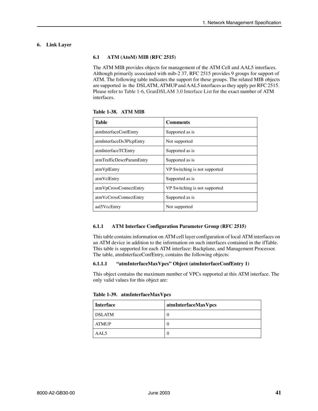 Paradyne 8620, 8820 manual Link Layer ATM AtoM MIB RFC, ATM MIB Comments, ATM Interface Configuration Parameter Group RFC 