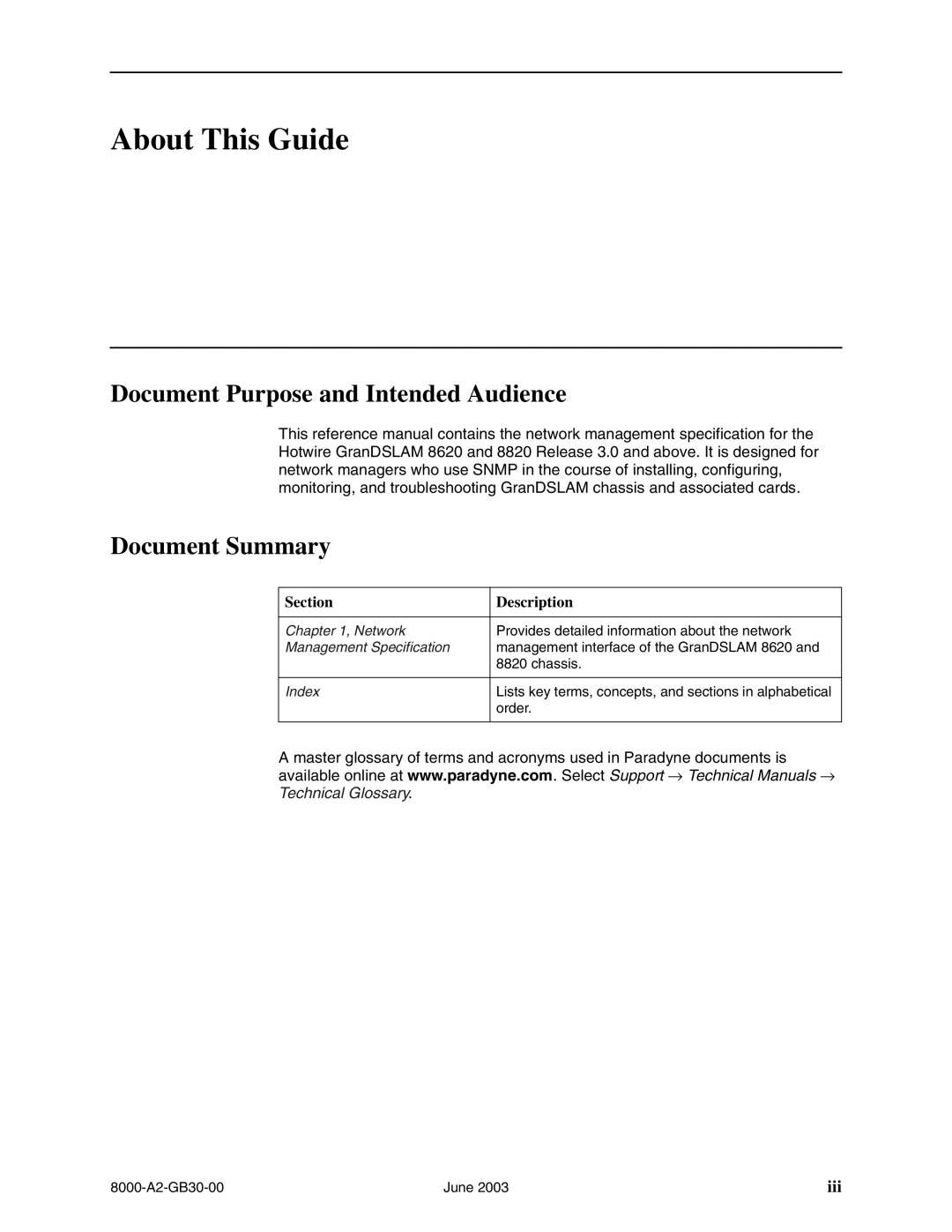 Paradyne 8620, 8820 manual About This Guide, Section Description 