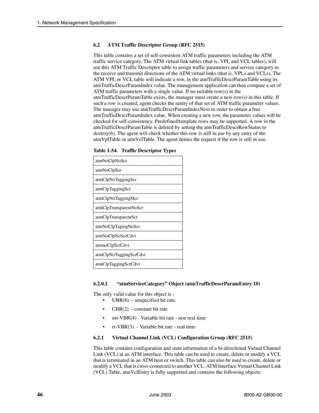 Paradyne 8820 ATM Traffic Descriptor Group RFC, Traffic Descriptor Types, Virtual Channel Link VCL Configuration Group RFC 