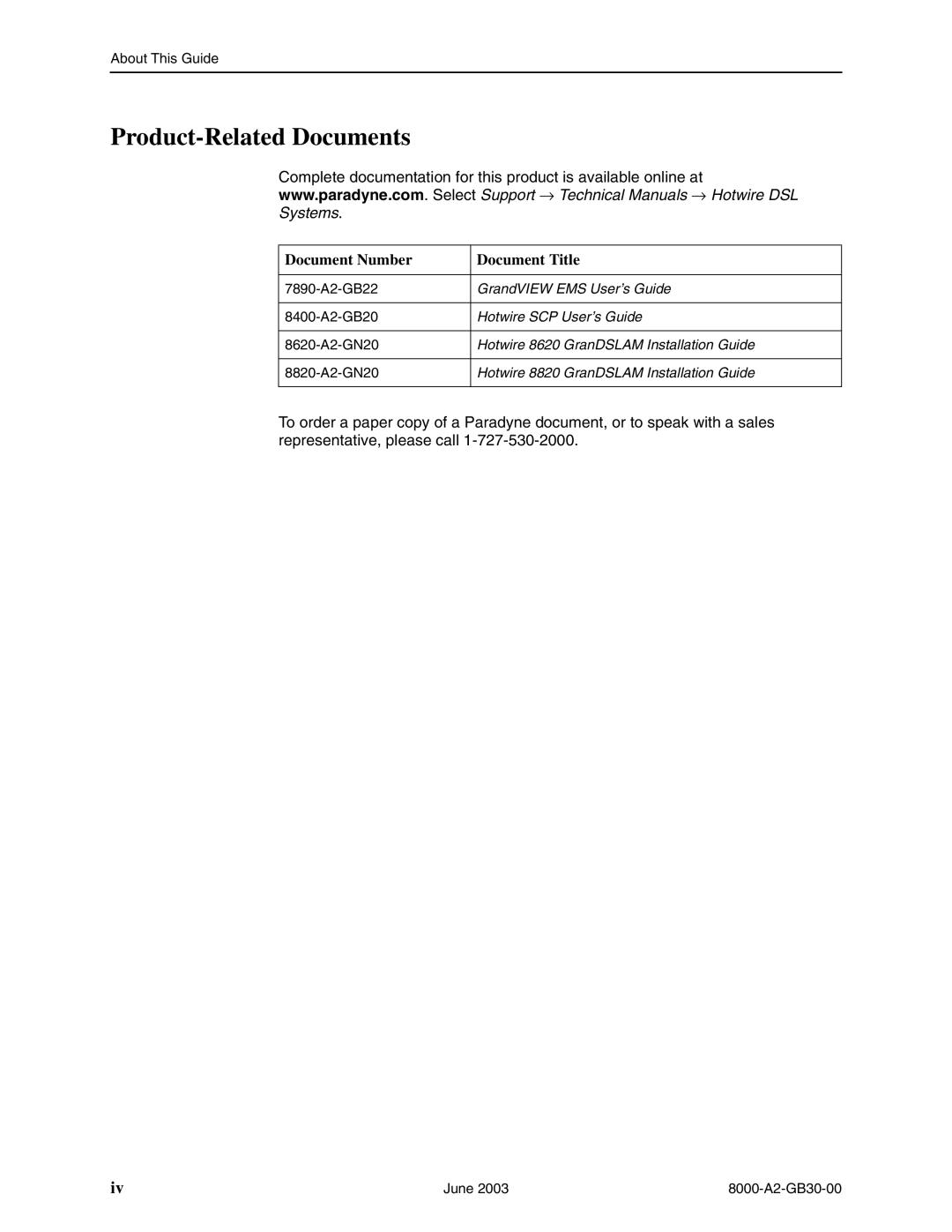 Paradyne 8820, 8620 manual Product-Related Documents, Document Number Document Title 