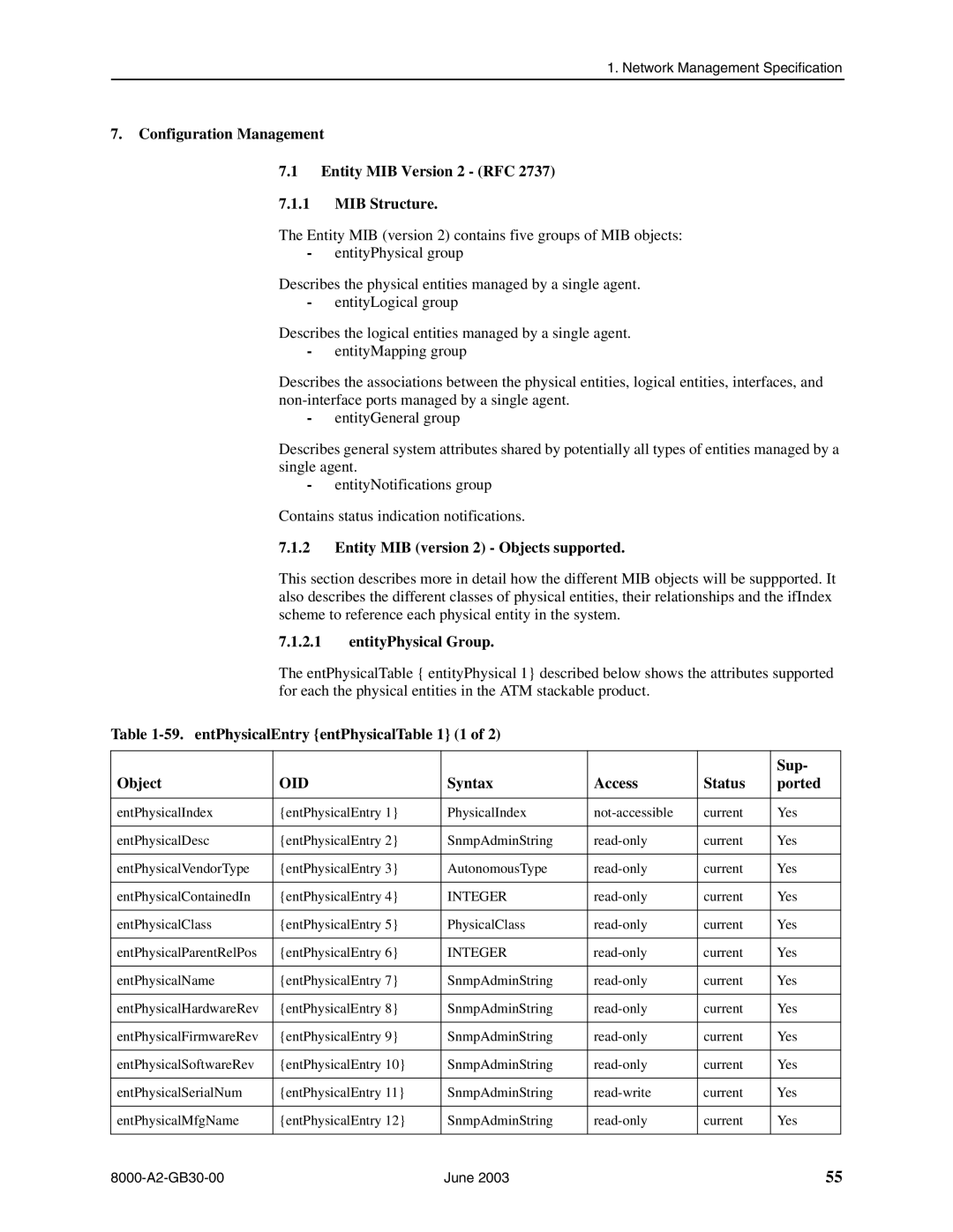 Paradyne 8620, 8820 manual Entity MIB version 2 Objects supported, EntityPhysical Group, Syntax Access Status Ported 