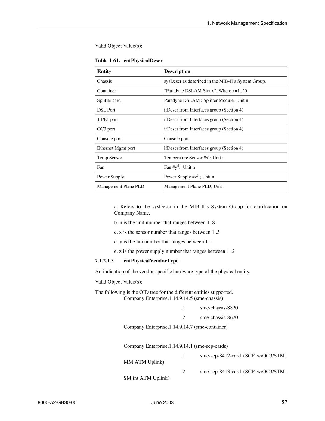 Paradyne 8620, 8820 manual entPhysicalDescr Entity Description, EntPhysicalVendorType 