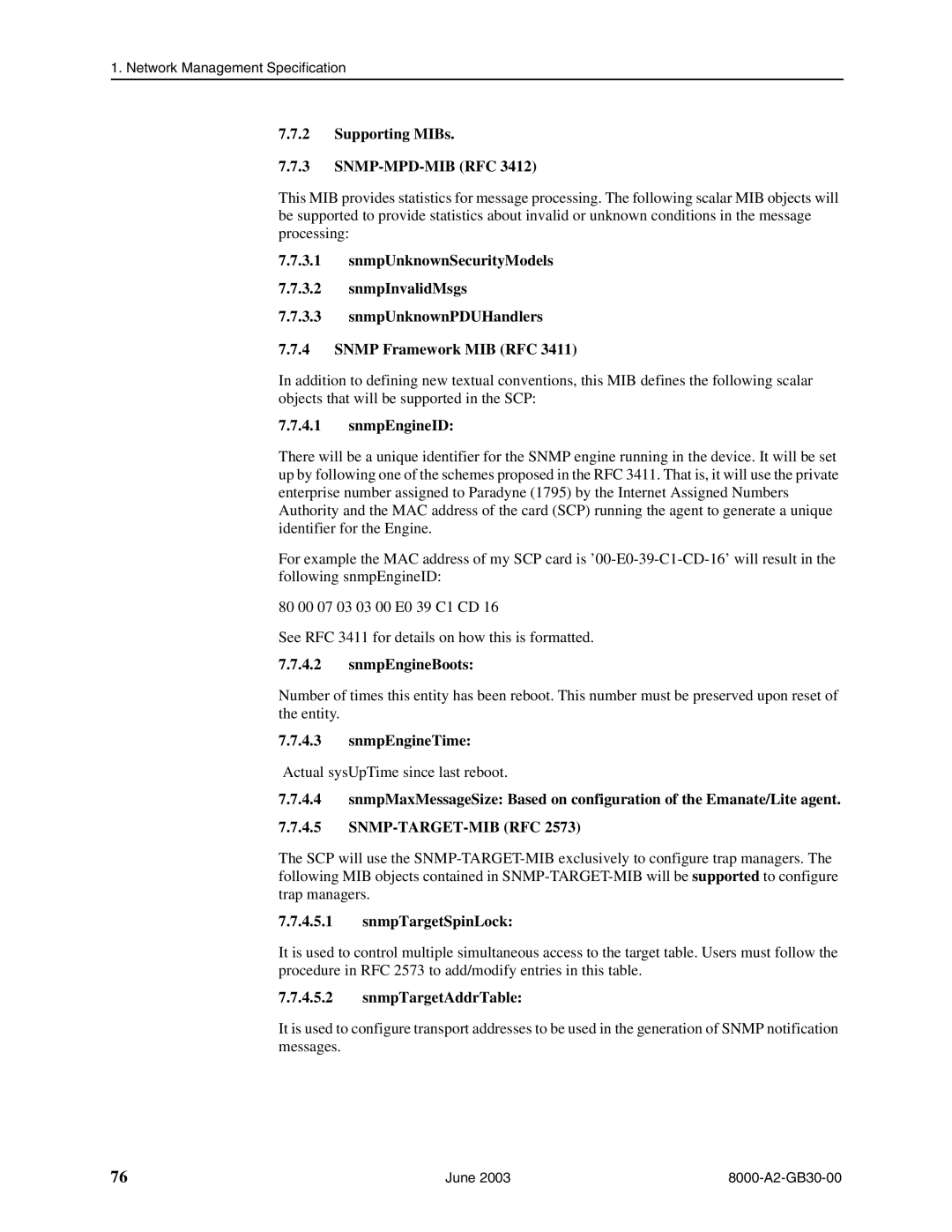 Paradyne 8820, 8620 Supporting MIBs SNMP-MPD-MIB RFC, SnmpEngineID, SnmpEngineBoots, SnmpEngineTime, SnmpTargetSpinLock 