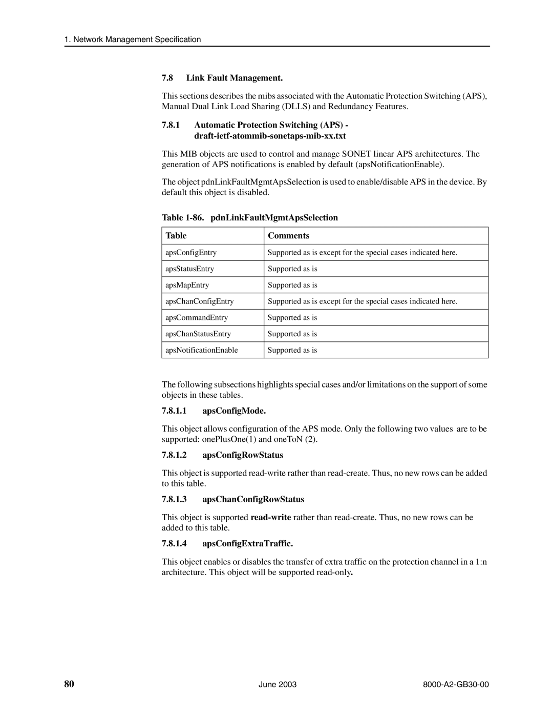 Paradyne 8820, 8620 manual Link Fault Management, pdnLinkFaultMgmtApsSelection Comments, ApsConfigMode, ApsConfigRowStatus 