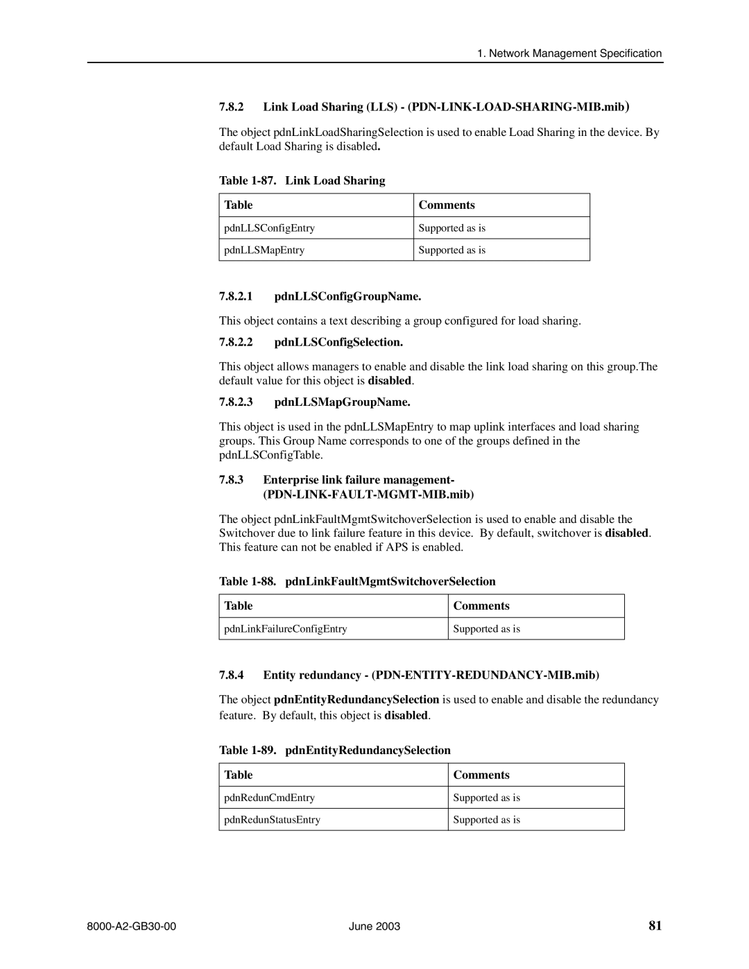 Paradyne 8620, 8820 Link Load Sharing LLS PDN-LINK-LOAD-SHARING-MIB.mib, Link Load Sharing Comments, PdnLLSConfigGroupName 