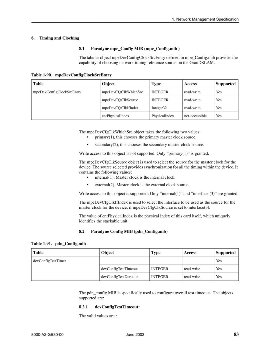 Paradyne 8620, 8820 manual Timing and Clocking Paradyne mpeConfig MIB mpeConfig.mib, DevConfigTestTimeout 