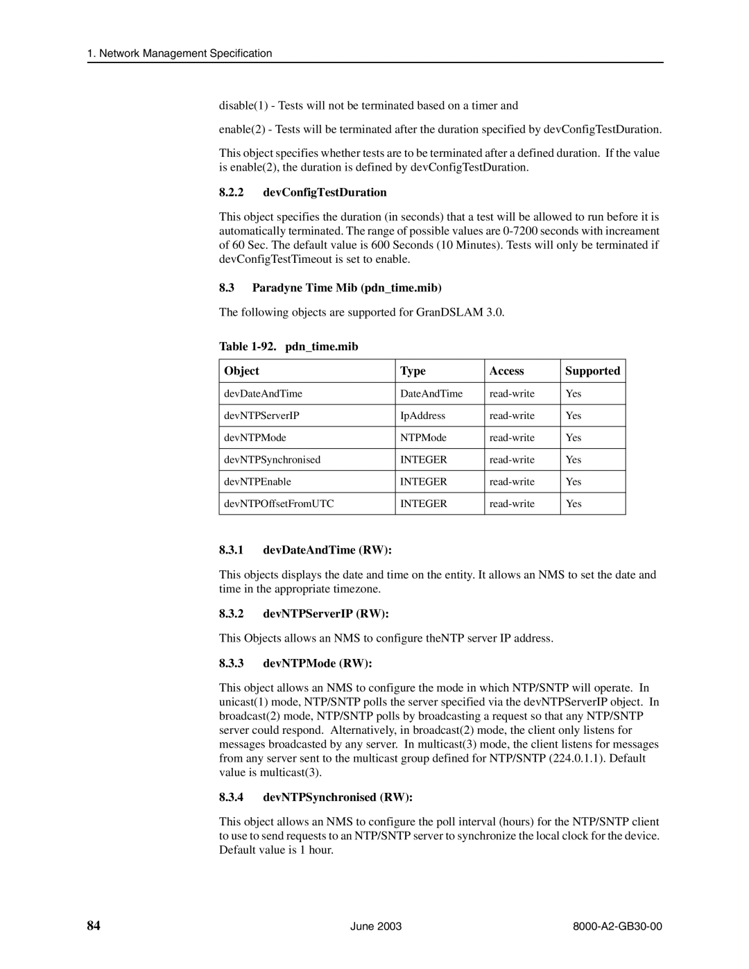 Paradyne 8820, 8620 manual DevConfigTestDuration, Paradyne Time Mib pdntime.mib, pdntime.mib Object Type Access Supported 