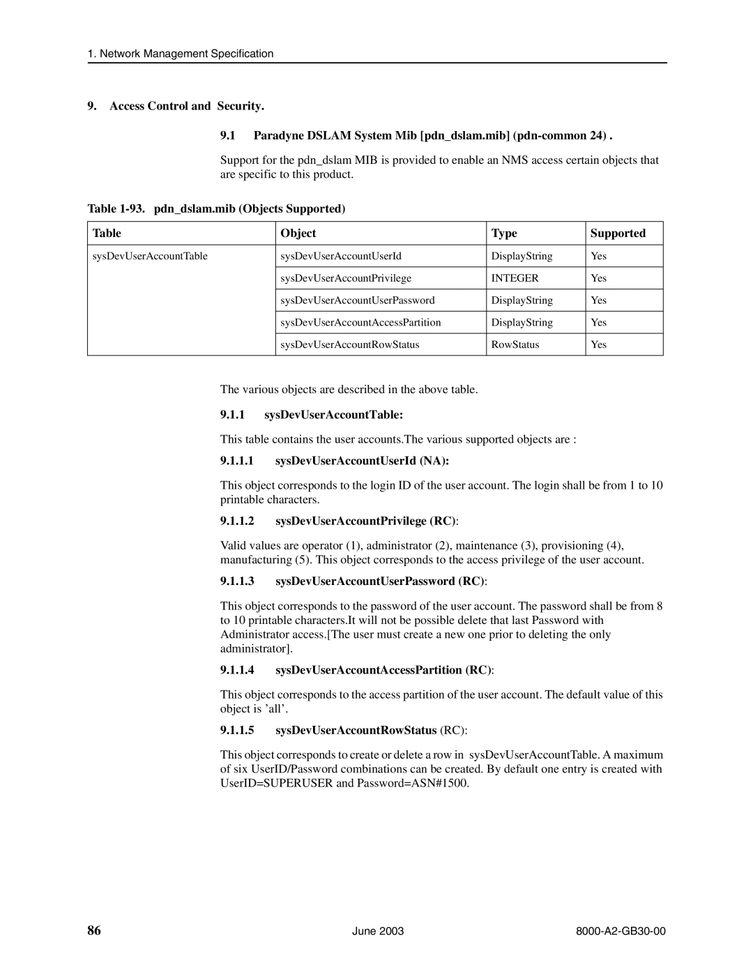 Paradyne 8820, 8620 manual pdndslam.mib Objects Supported Type, SysDevUserAccountTable, SysDevUserAccountUserId NA 