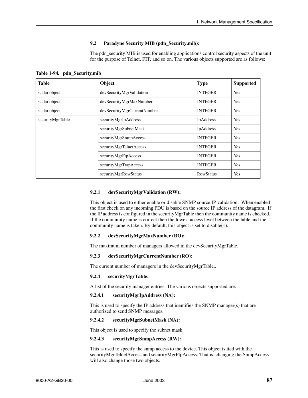 Paradyne 8620 Paradyne Security MIB pdnSecurity.mib, pdnSecurity.mib Object Type Supported, DevSecurityMgrValidation RW 