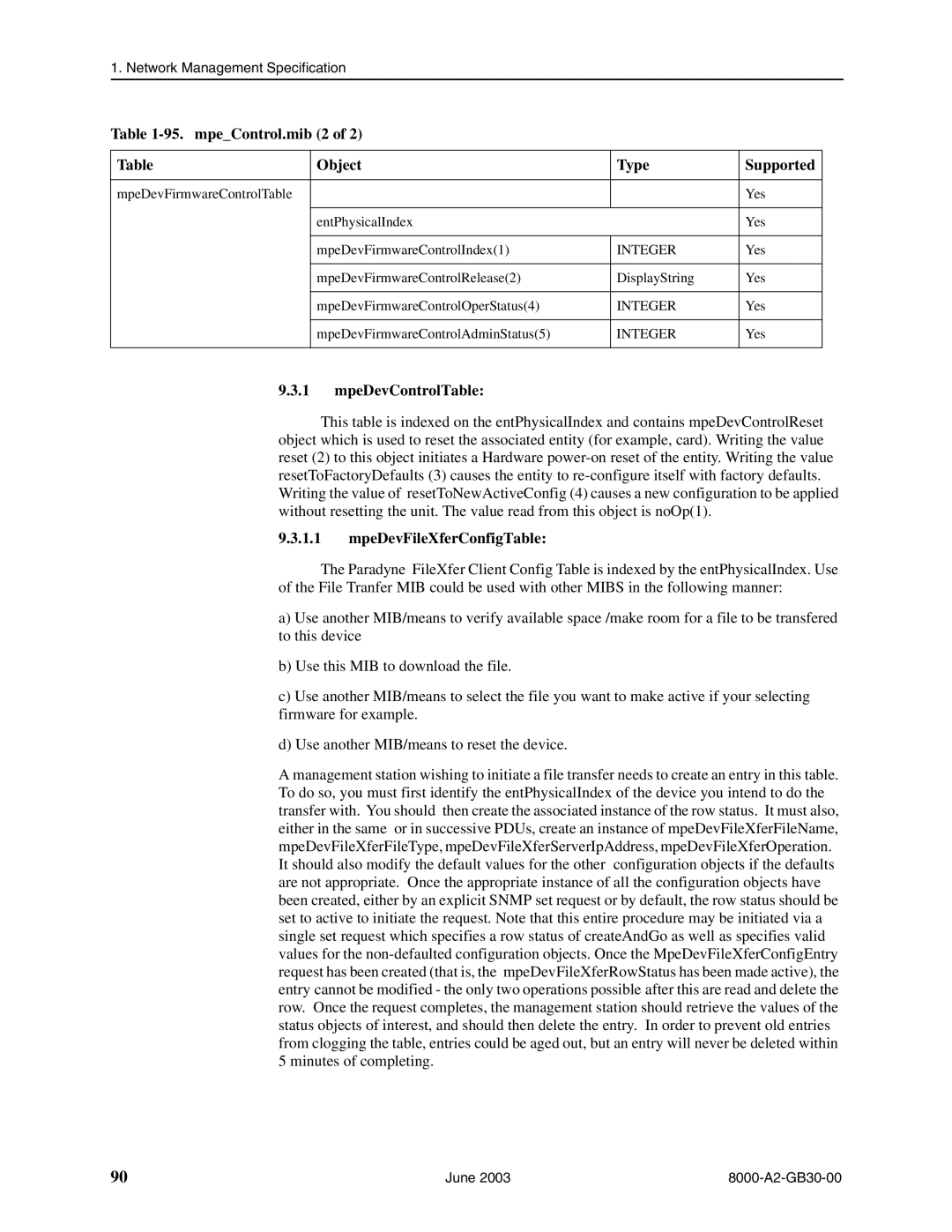 Paradyne 8820, 8620 manual mpeControl.mib 2 Object Type Supported, MpeDevControlTable, MpeDevFileXferConfigTable 