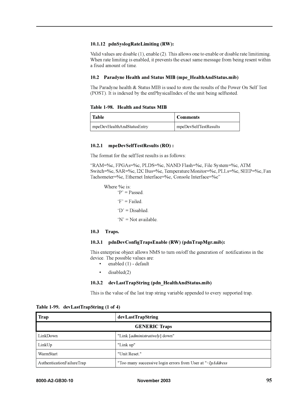 Paradyne 8620 PdnSyslogRateLimiting RW, Paradyne Health and Status MIB mpeHealthAndStatus.mib, MpeDevSelfTestResults RO 