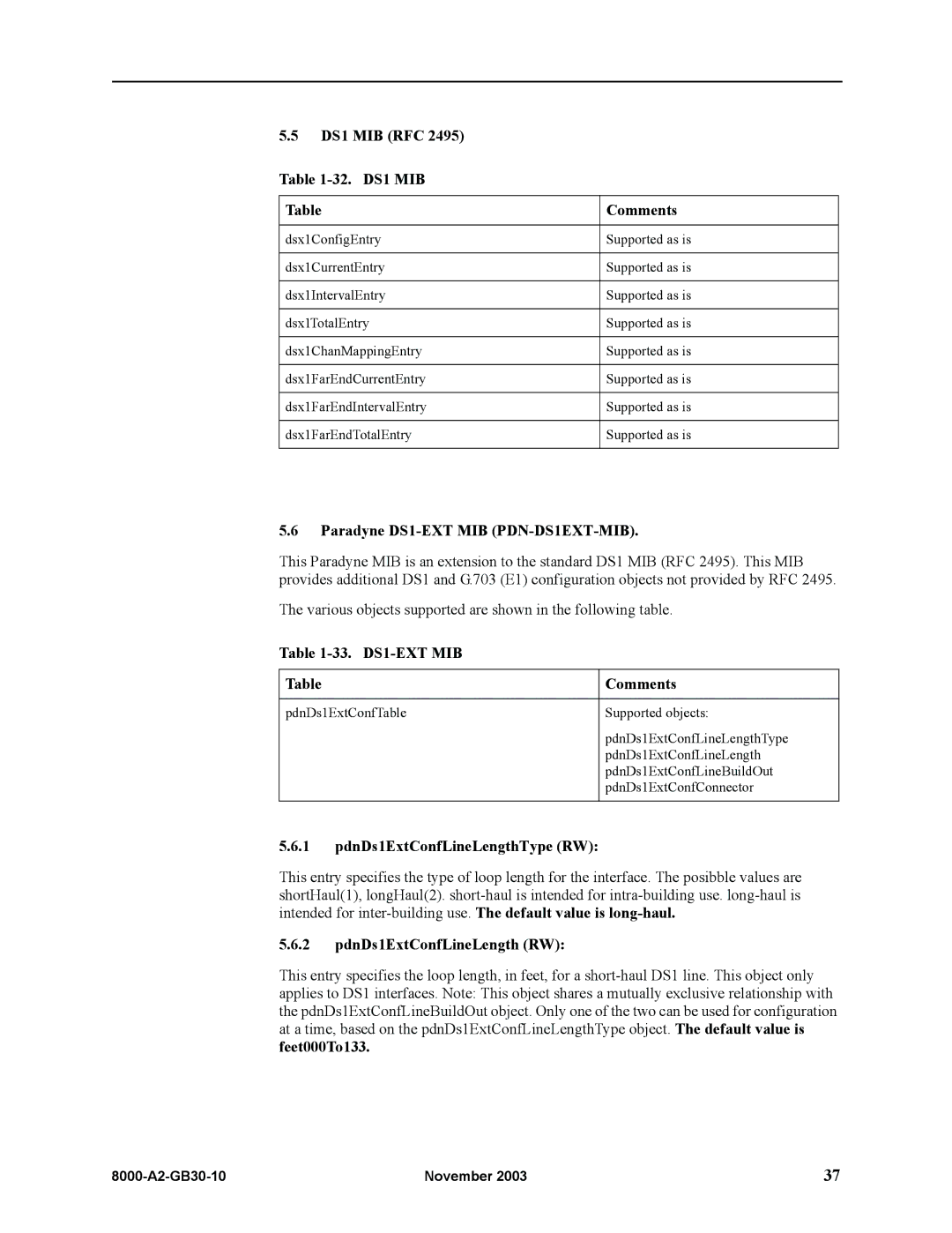 Paradyne 8620, 8820 DS1 MIB RFC 2495 -32. DS1 MIB Comments, Paradyne DS1-EXT MIB PDN-DS1EXT-MIB, 33. DS1-EXT MIB Comments 