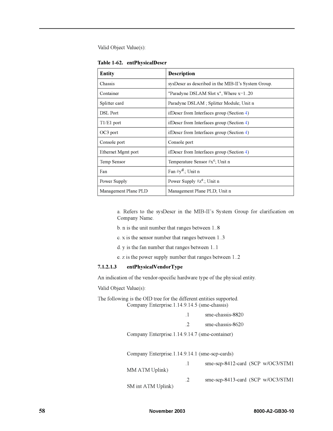 Paradyne 8820, 8620 manual entPhysicalDescr Entity Description, EntPhysicalVendorType 