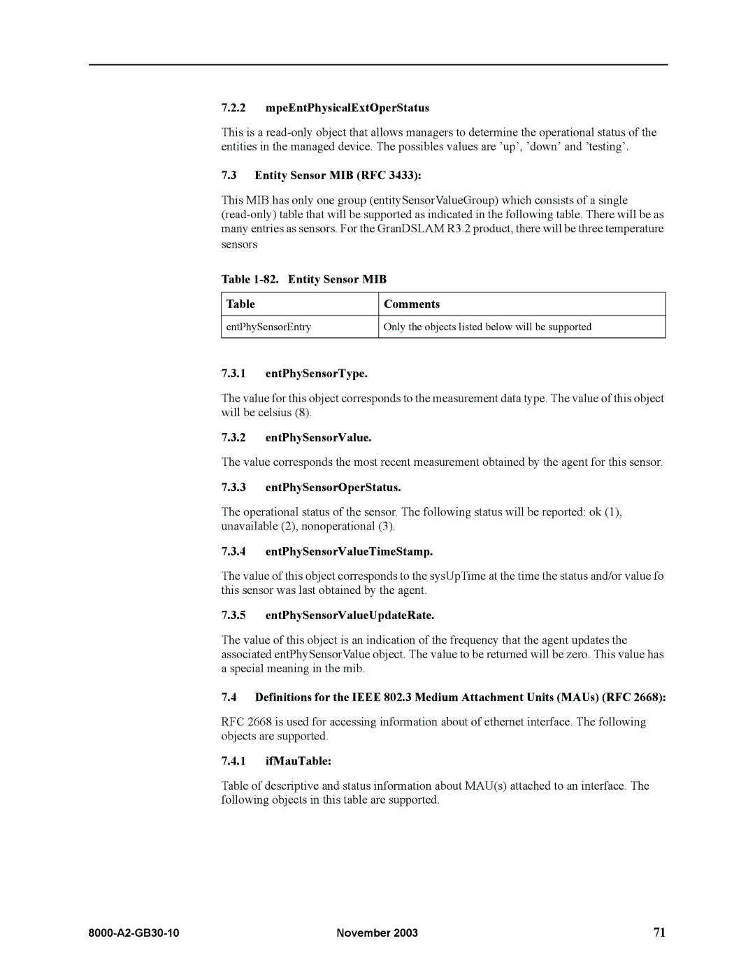 Paradyne 8620 MpeEntPhysicalExtOperStatus, Entity Sensor MIB RFC, Entity Sensor MIB Comments, EntPhySensorType, IfMauTable 