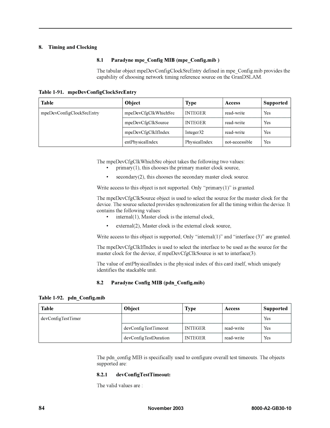 Paradyne 8820, 8620 manual Timing and Clocking Paradyne mpeConfig MIB mpeConfig.mib, DevConfigTestTimeout 