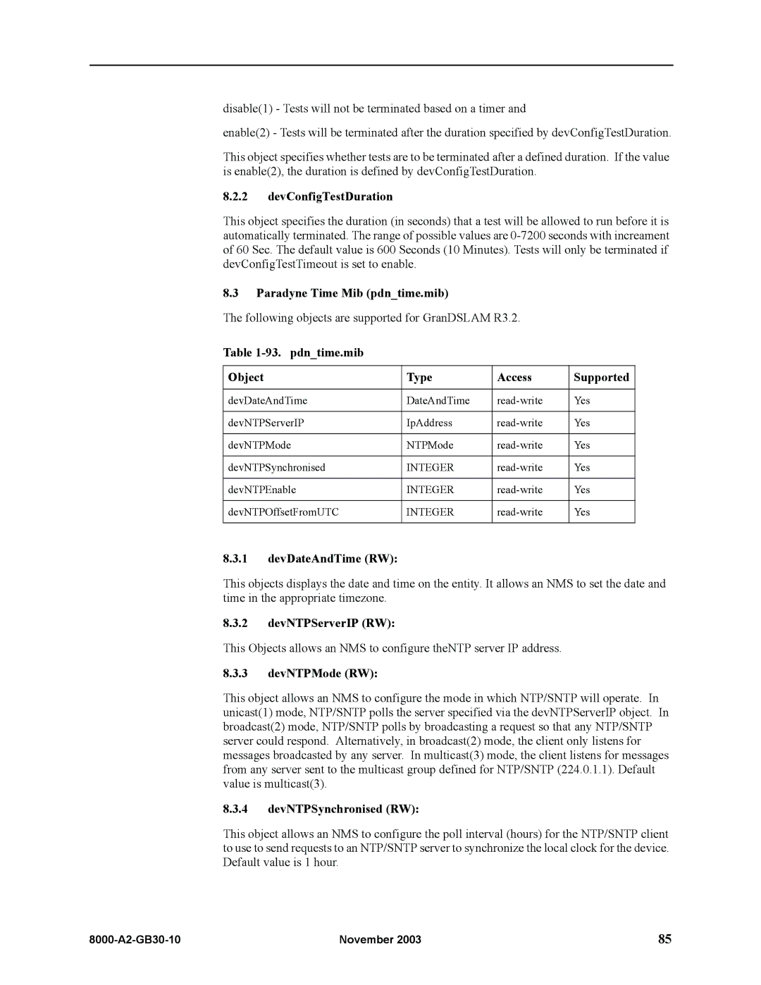 Paradyne 8620, 8820 manual DevConfigTestDuration, Paradyne Time Mib pdntime.mib, pdntime.mib Object Type Access Supported 