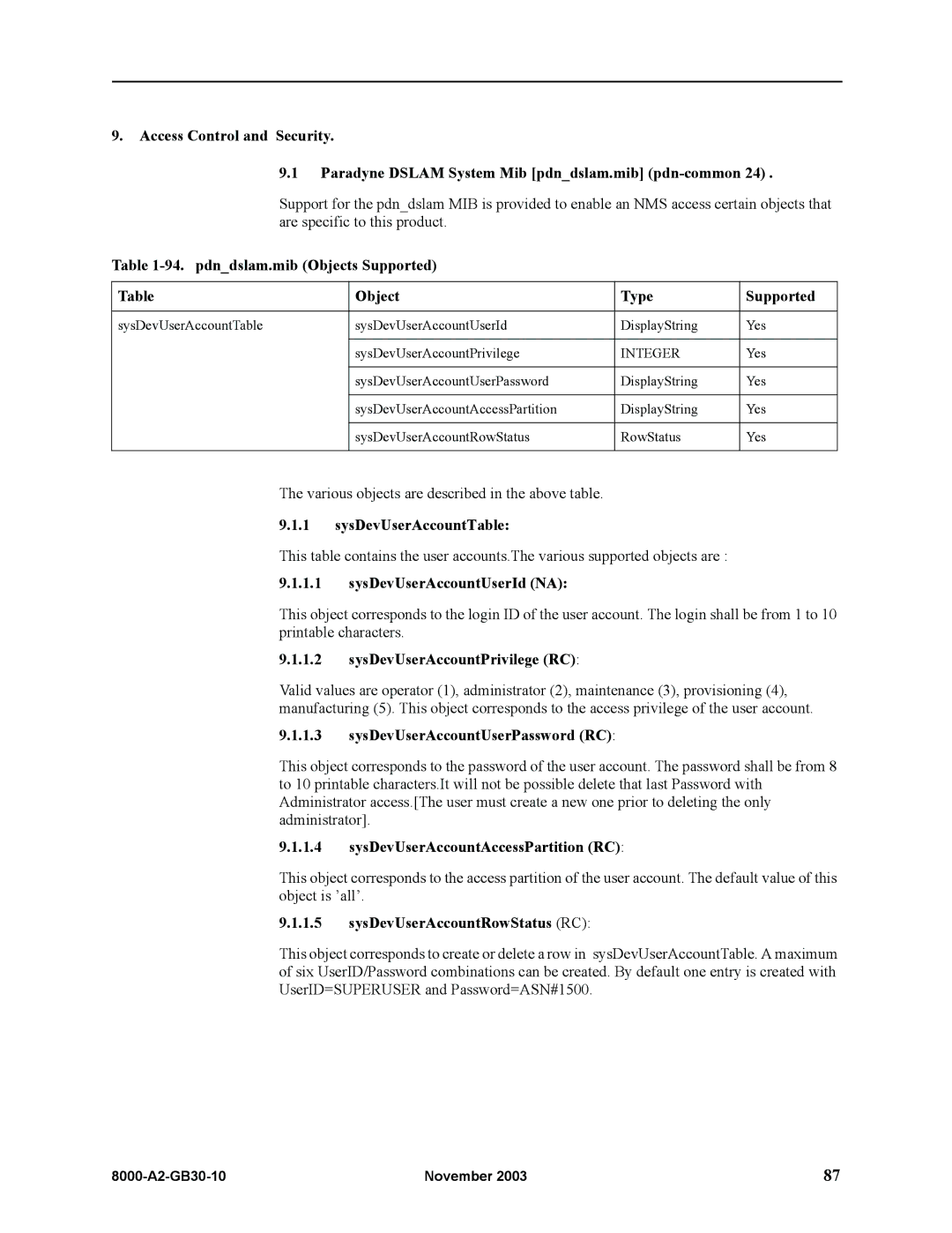 Paradyne 8620, 8820 manual pdndslam.mib Objects Supported Type, SysDevUserAccountTable, SysDevUserAccountUserId NA 