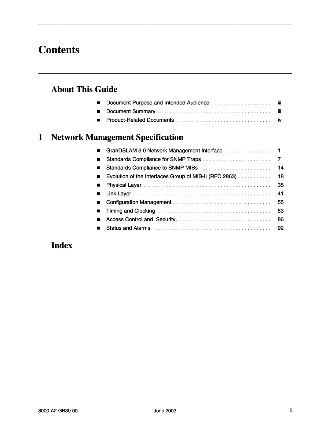 Paradyne 8620, 8820 manual Contents, About This Guide, Network Management Specification, Index 