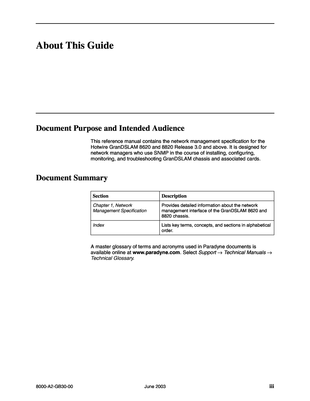 Paradyne 8620, 8820 manual About This Guide, Document Purpose and Intended Audience, Document Summary, Section, Description 