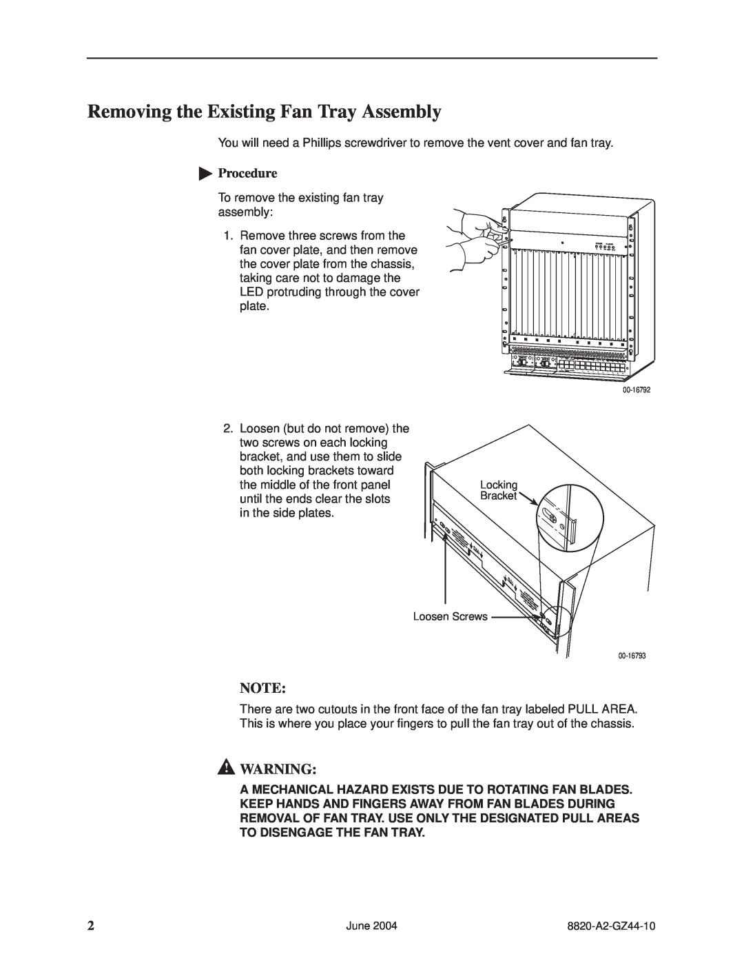 Paradyne 8820-S2-900 installation instructions Removing the Existing Fan Tray Assembly, Procedure 