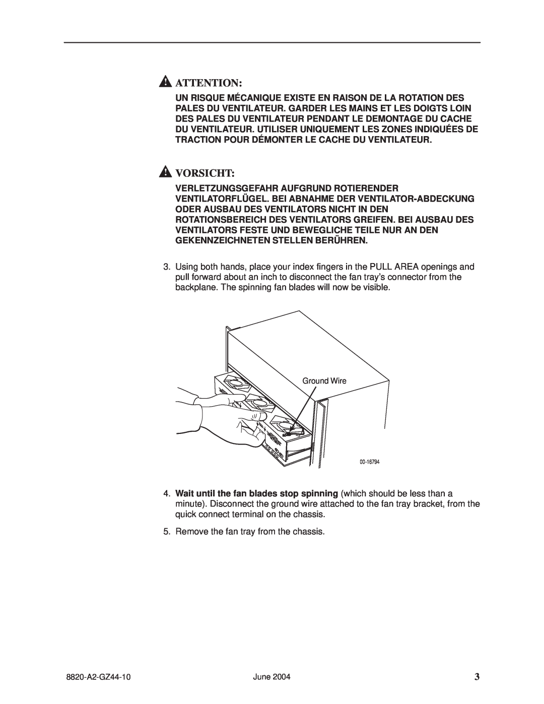 Paradyne 8820-S2-900 installation instructions Vorsicht, Remove the fan tray from the chassis 