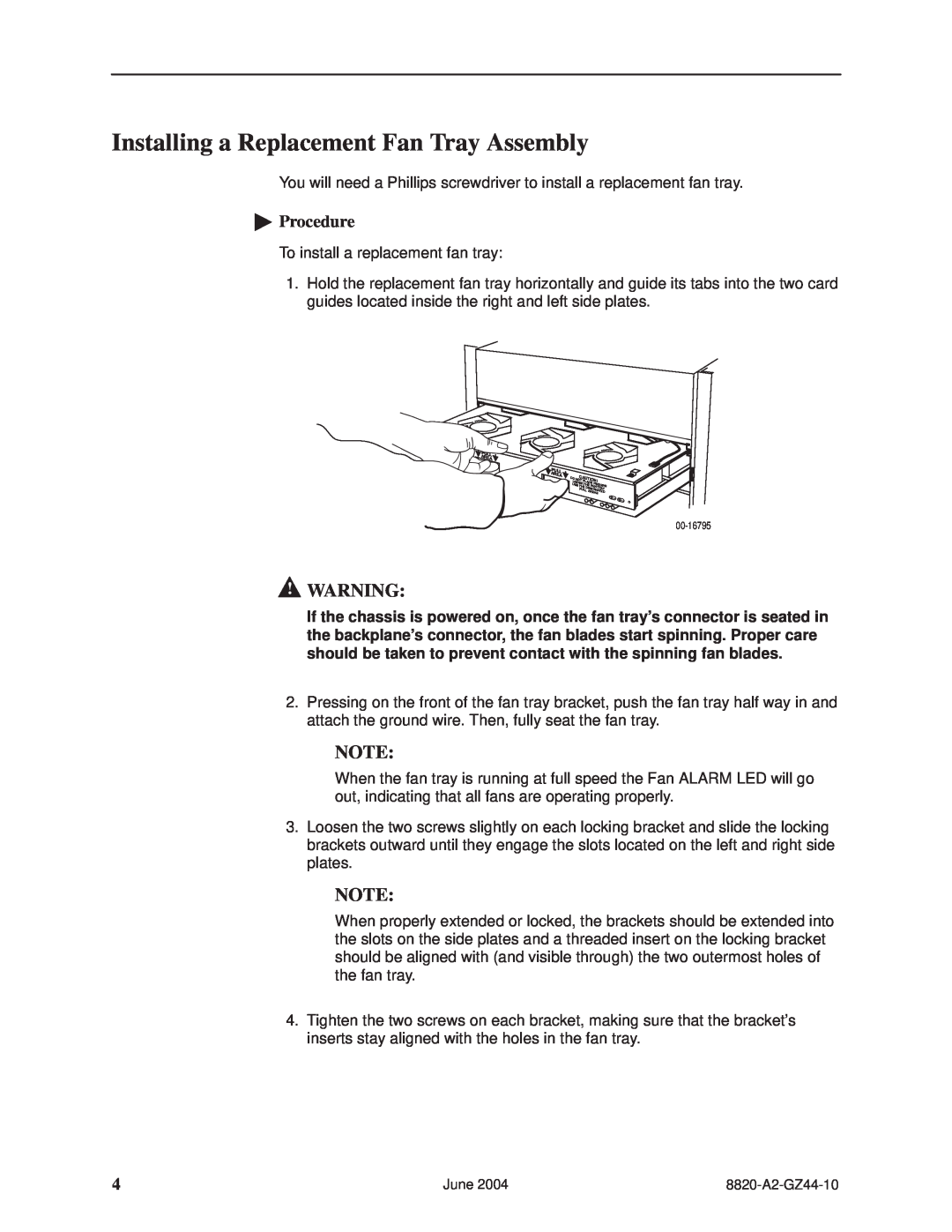 Paradyne 8820-S2-900 installation instructions Installing a Replacement Fan Tray Assembly, Procedure 