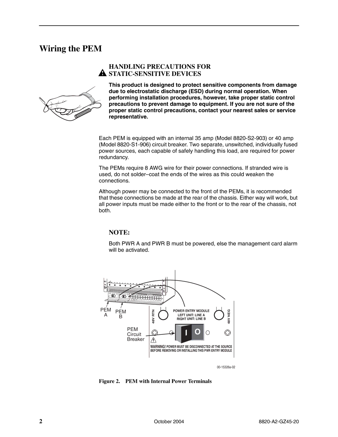 Paradyne 8820-S2-903, 8820-S1-906 installation instructions Wiring the PEM, Circuit Breaker 