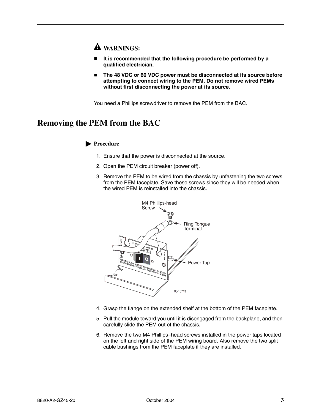 Paradyne 8820-S1-906, 8820-S2-903 Removing the PEM from the BAC, M4 Phillips-head Screw Ring Tongue Terminal, Power Tap 