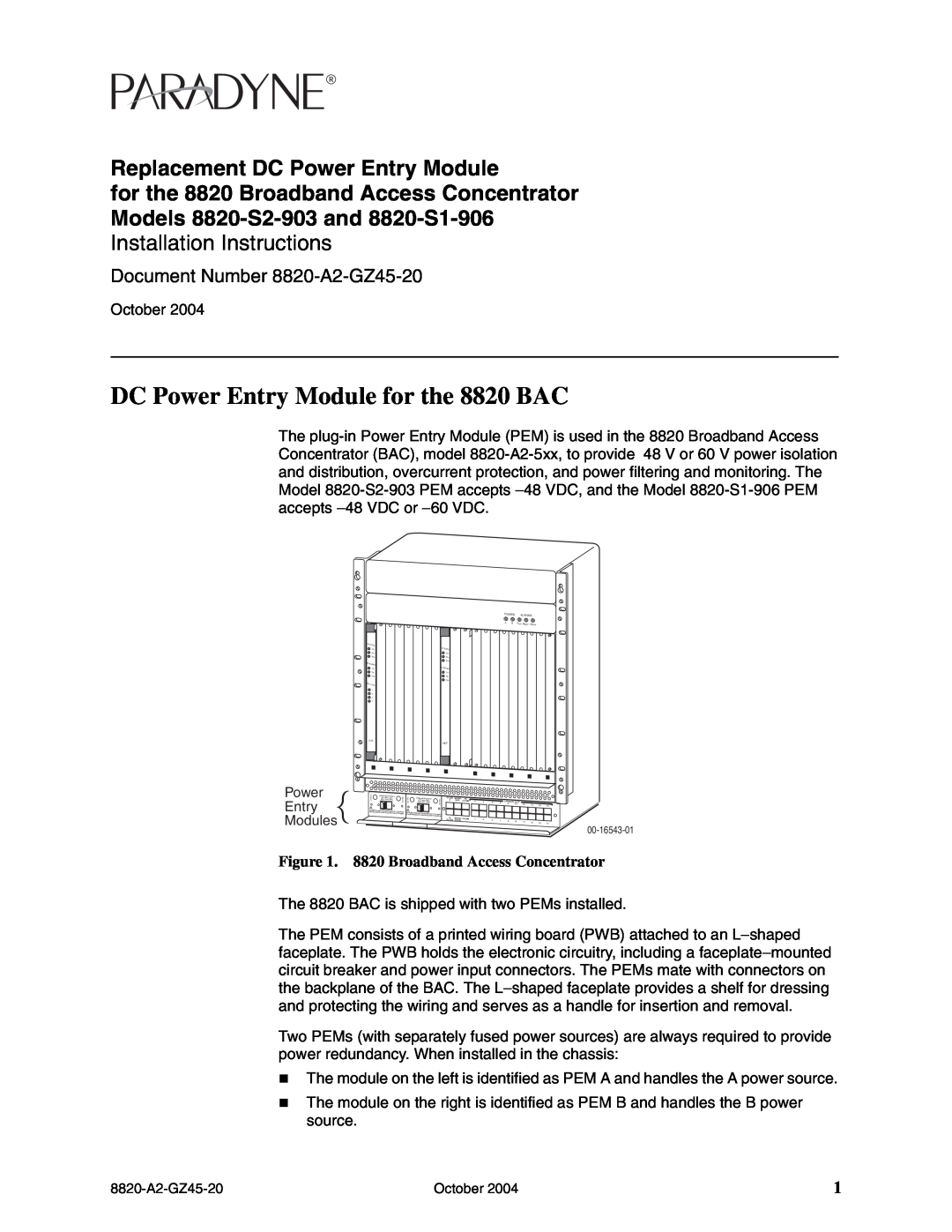 Paradyne 8820-S1-906 installation instructions DC Power Entry Module for the 8820 BAC, 8820 Broadband Access Concentrator 