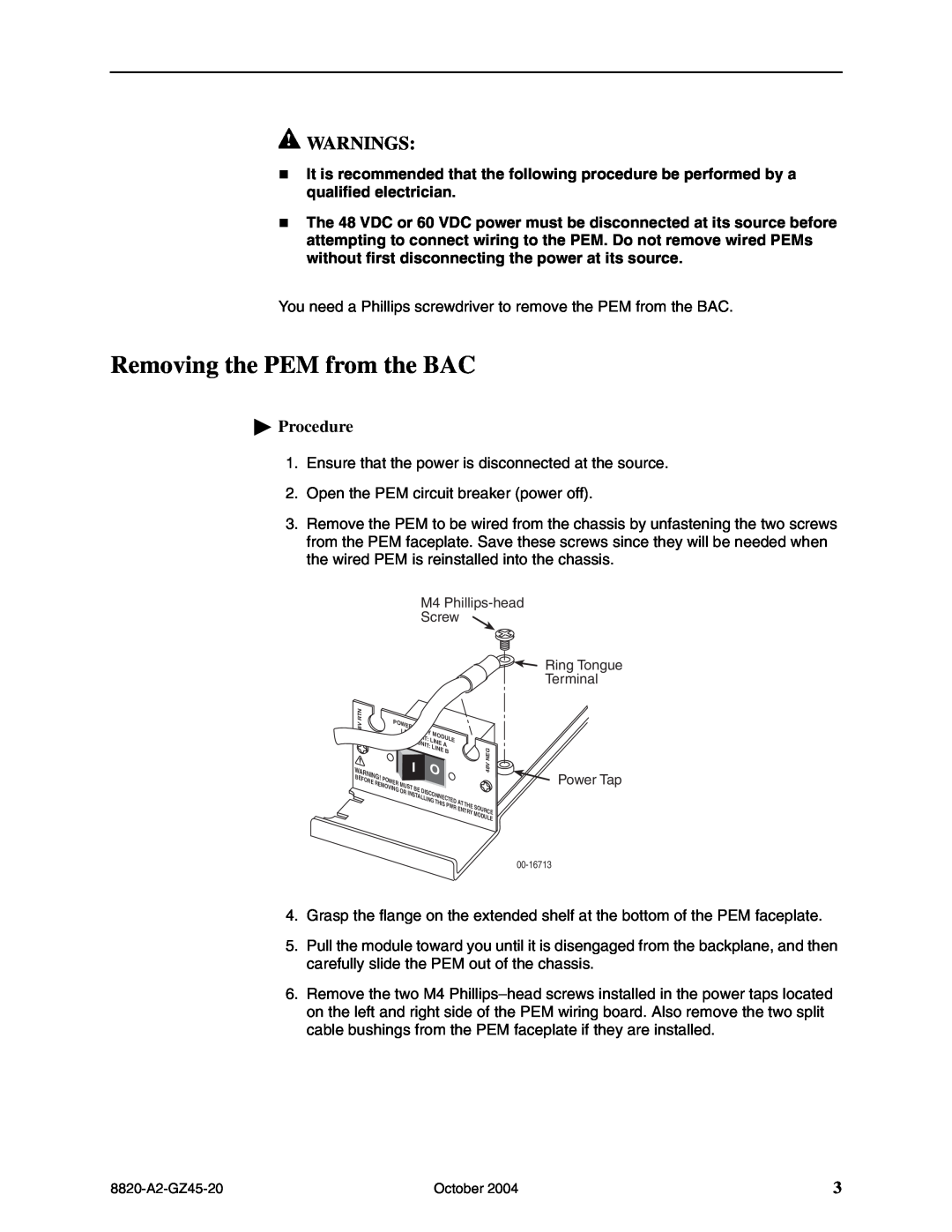 Paradyne 8820-S1-906, 8820-S2-903 installation instructions Removing the PEM from the BAC, Warnings, Procedure 