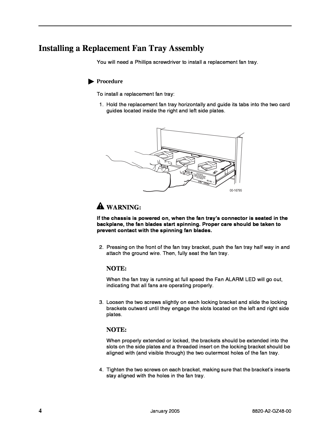 Paradyne 8820-S3-900 installation instructions Installing a Replacement Fan Tray Assembly, Procedure 