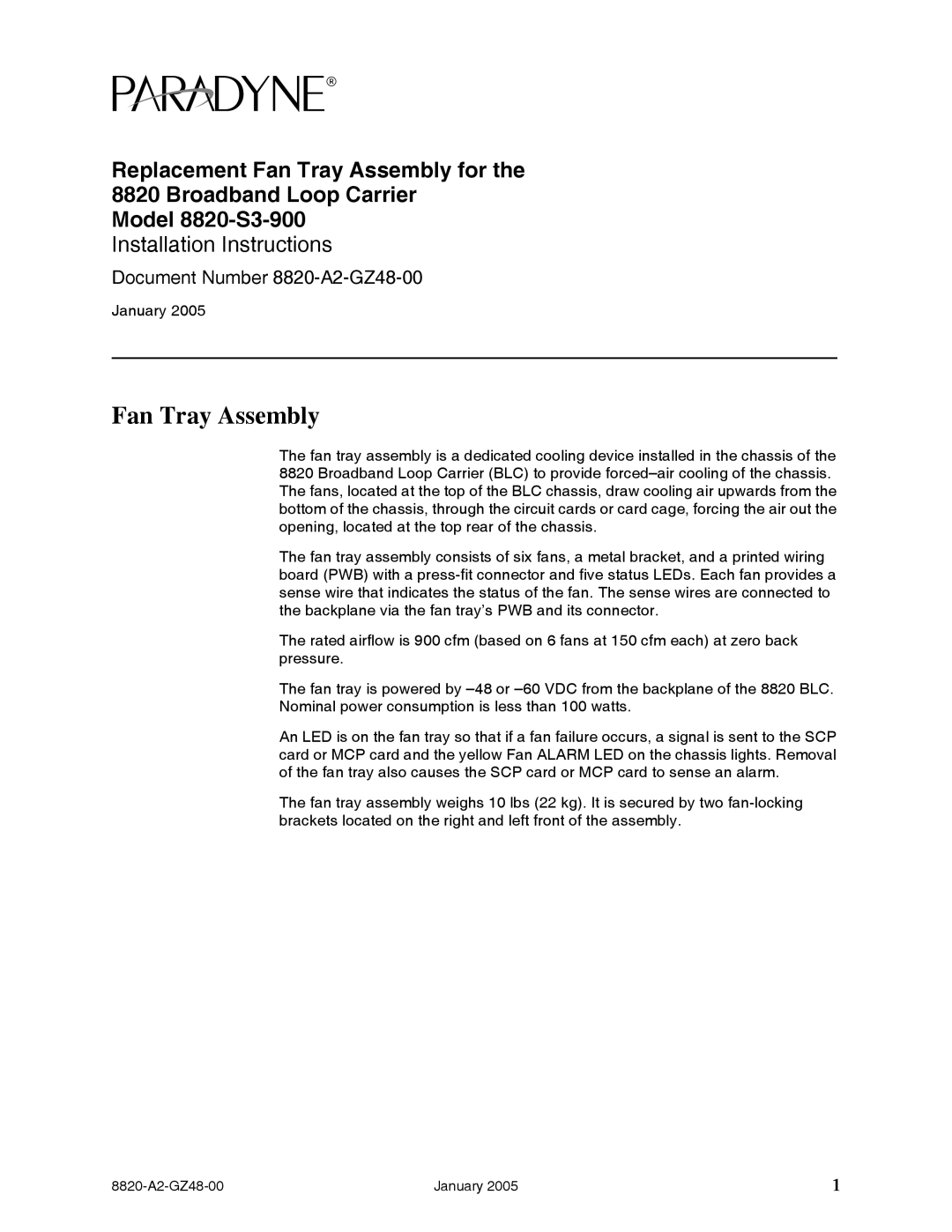 Paradyne 8820-S3-900 installation instructions Fan Tray Assembly 