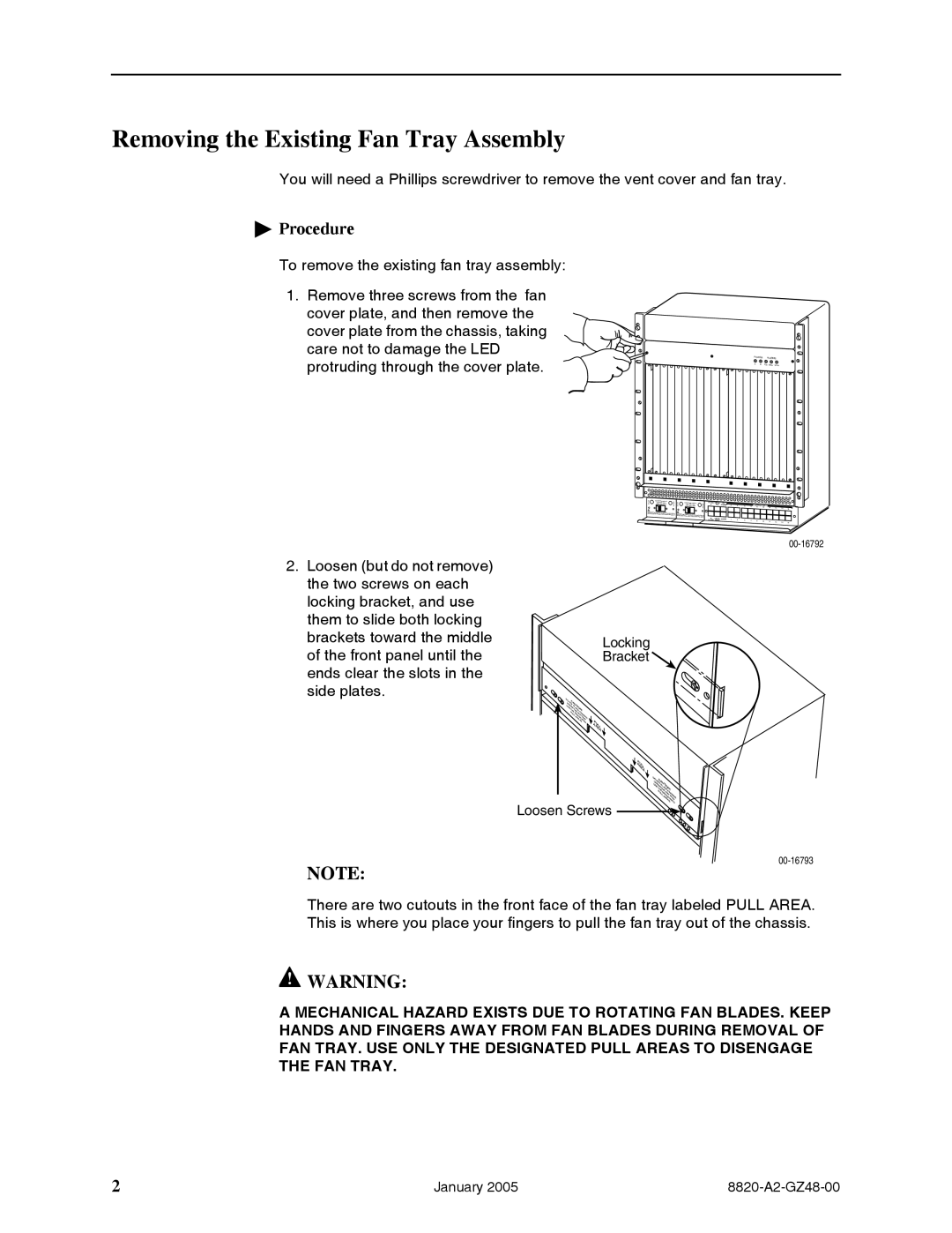 Paradyne 8820-S3-900 installation instructions Removing the Existing Fan Tray Assembly, Locking Bracket 