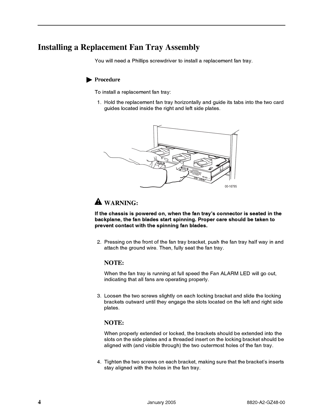 Paradyne 8820-S3-900 installation instructions Installing a Replacement Fan Tray Assembly 