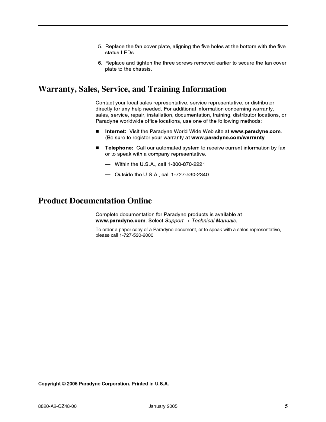 Paradyne 8820-S3-900 Warranty, Sales, Service, and Training Information, Product Documentation Online 