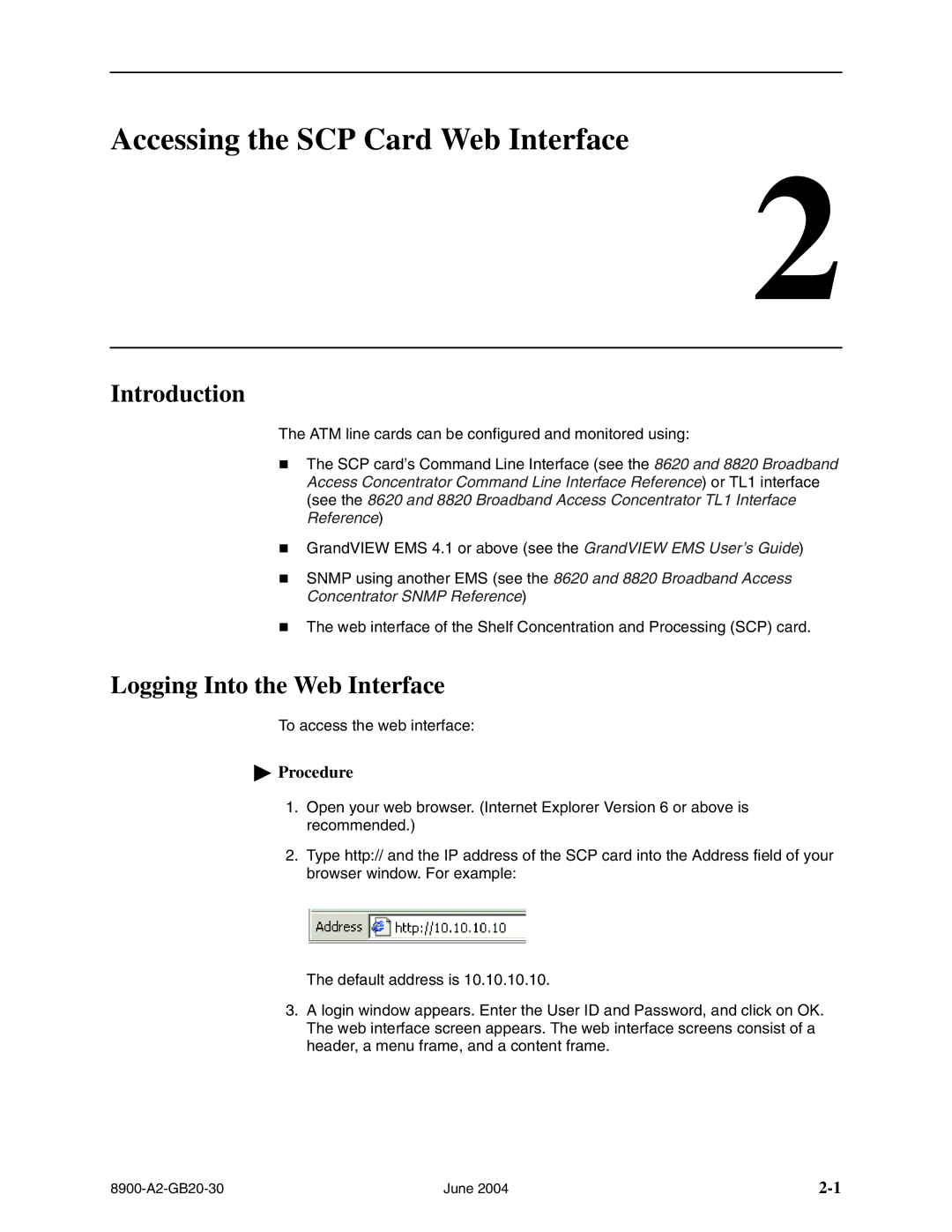 Paradyne 8955, 8968, 8965, and 8985 manual Accessing the SCP Card Web Interface, Introduction, Logging Into the Web Interface 