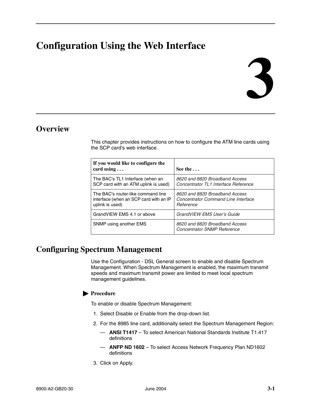 Paradyne 8965, 8968, and 8985, 8955 manual Configuration Using the Web Interface, Overview, Configuring Spectrum Management 