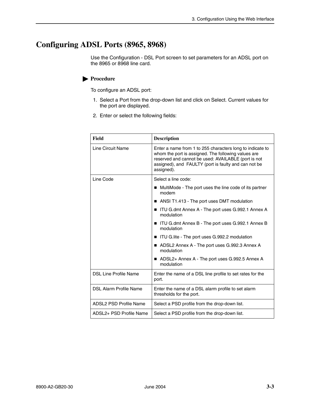 Paradyne 8955, 8968, and 8985 manual Configuring Adsl Ports 8965 