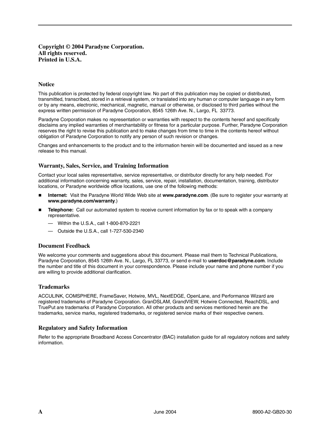 Paradyne and 8985, 8968, 8965, 8955 manual Copyright 2004 Paradyne Corporation All rights reserved 