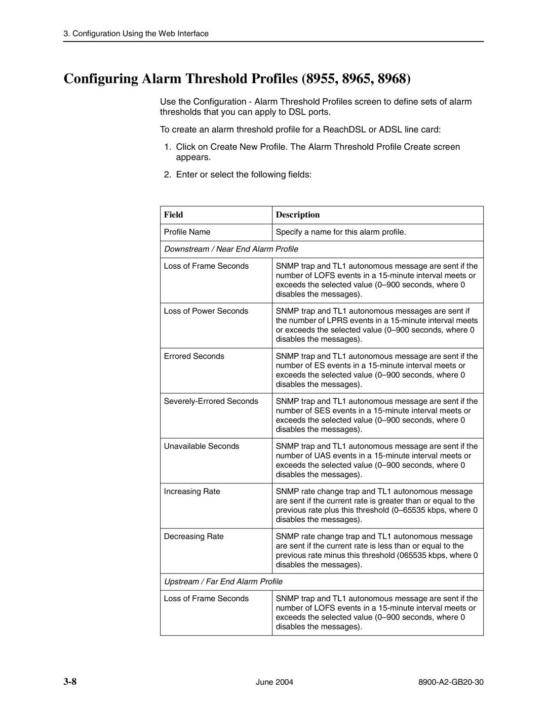 Paradyne 8968, and 8985 manual Configuring Alarm Threshold Profiles 8955, 8965, Downstream / Near End Alarm Profile 