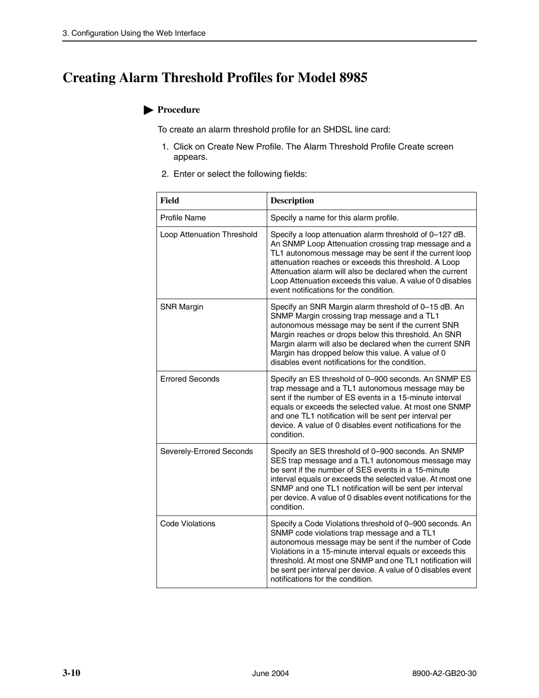 Paradyne and 8985 Creating Alarm Threshold Profiles for Model, Violations in a 15-minute interval equals or exceeds this 