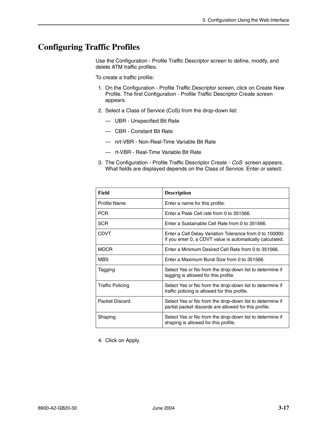 Paradyne 8965, 8968, and 8985, 8955 manual Configuring Traffic Profiles, Cdvt 