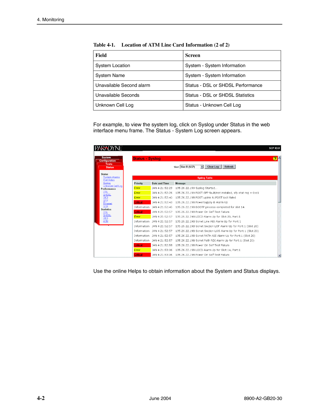 Paradyne 8968, 8965, and 8985, 8955 manual Location of ATM Line Card Information 2 Field Screen 